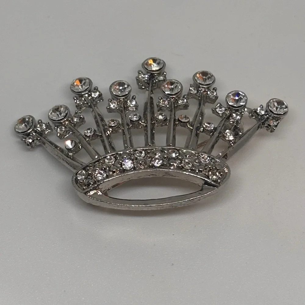 Vintage Crown Brooch Silver Tone Rhinestone Tiara Royal Statement Pin